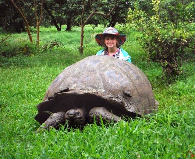 girl and giant tortoise in galapagos